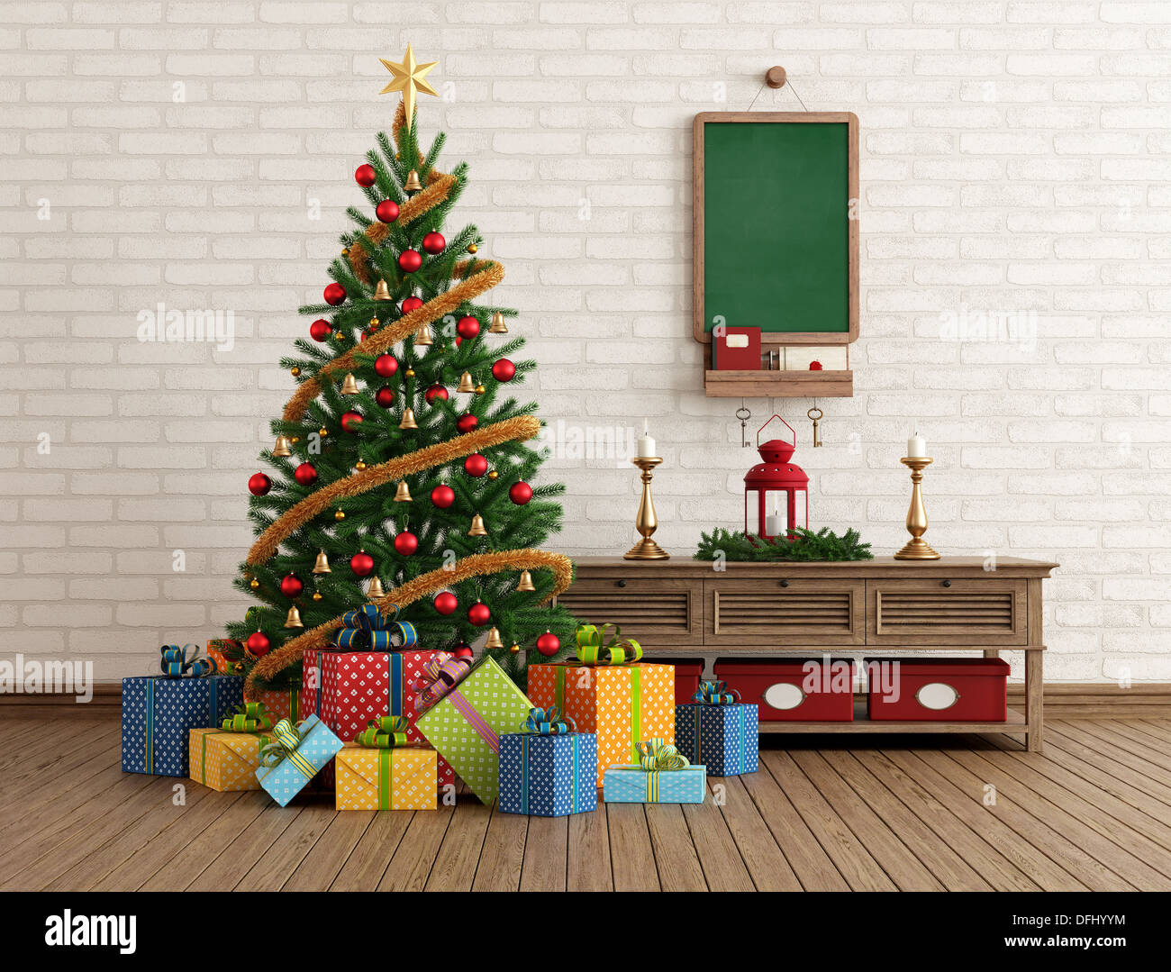 Vintage Christmas interior with tree and decorations - rendering Stock ...