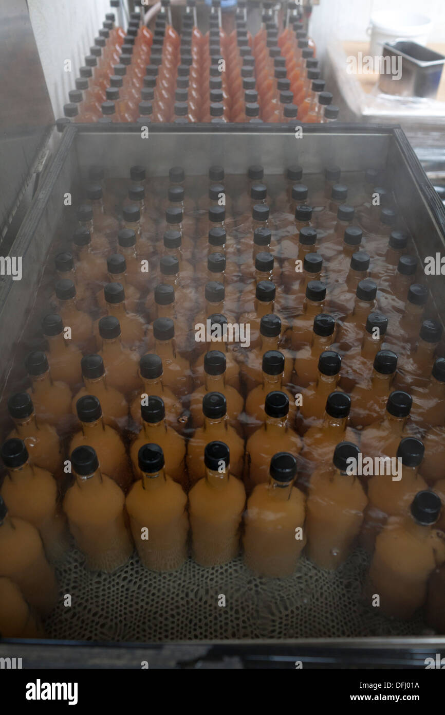 Freshly pressed organic apple juice being pasteurised. Stock Photo