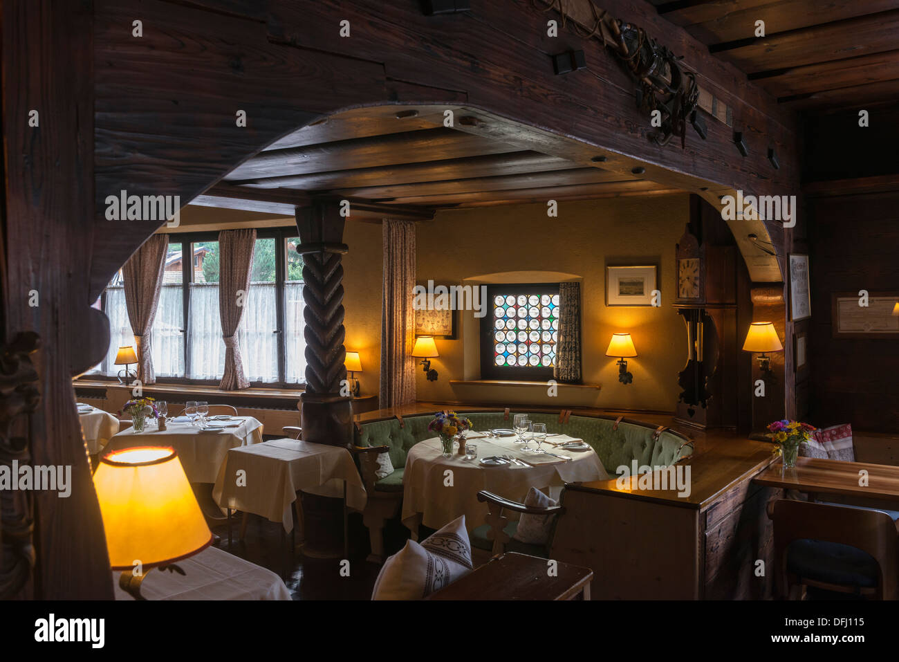 Restaurant at the Chesa Grischuna Hotel. Klosters. Graubunden. Switzerland Stock Photo