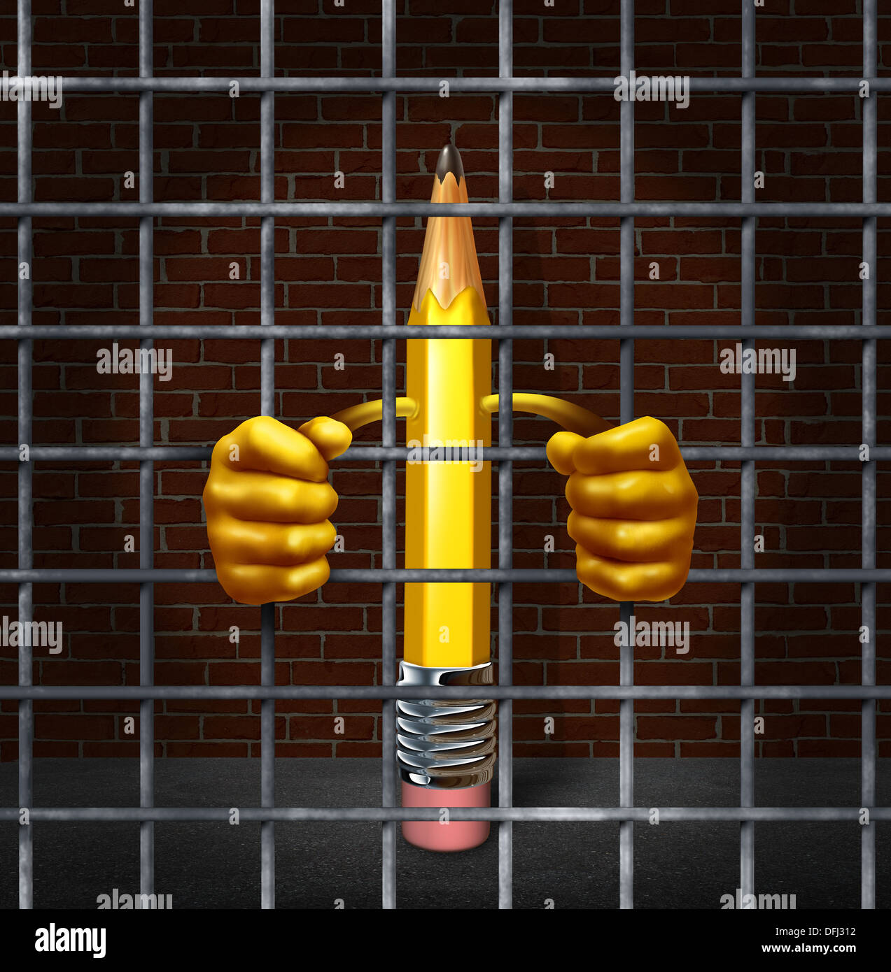 Creative block creativity concept with a pencil character in a prison jail cell holding metal cage bars as a symbol of being stuck and lacking freedom of expression as a business symbol or icon for juvenile delinquent. Stock Photo