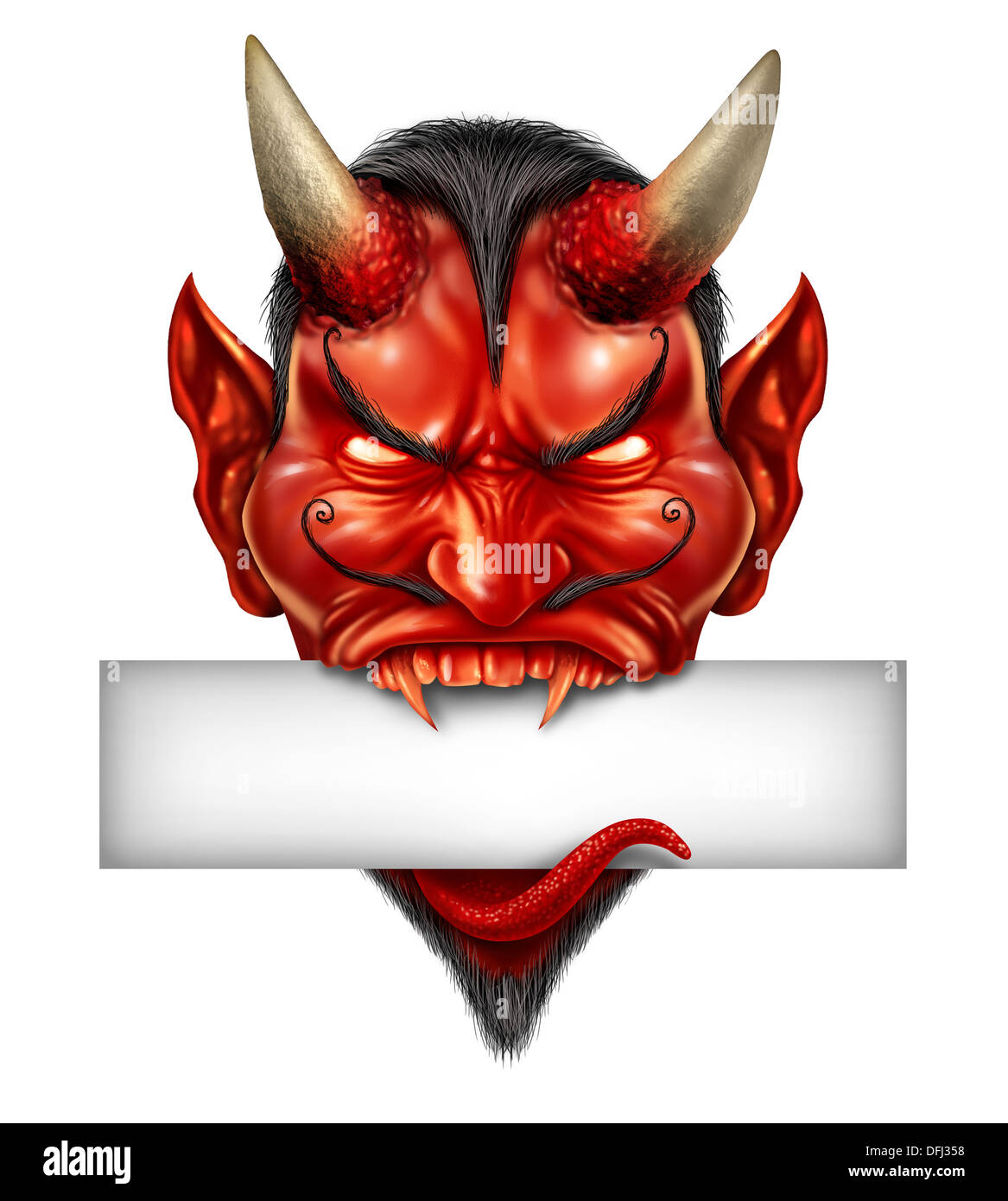 Devil head biting into a blank white sign with fangs as a demon halloween monster character with a devilish evil grin with spooky expression as a fictional fire red skin horned beast creature on a white background. Stock Photo