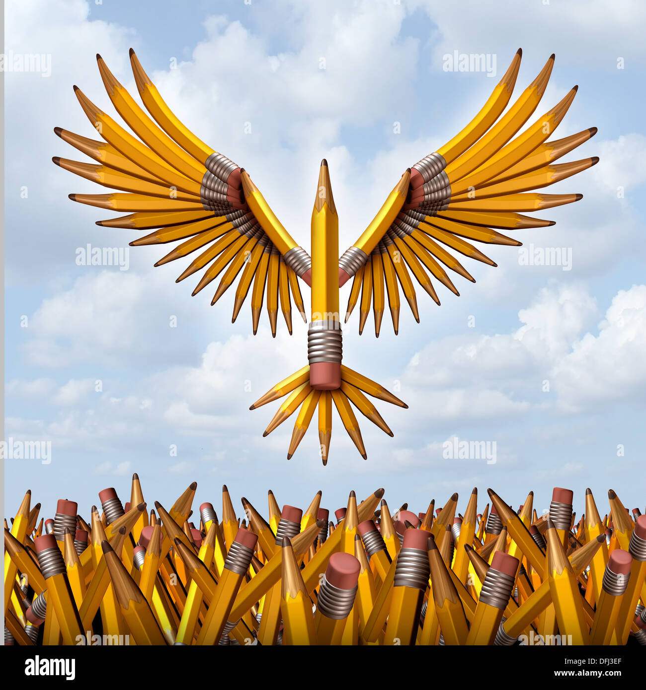 Take flight creative success concept with a group of three dimensional yellow pencils in the shape of a bird taking off and escaping confusion to freedom as a symbol of education programs and creativity in business innovation Stock Photo