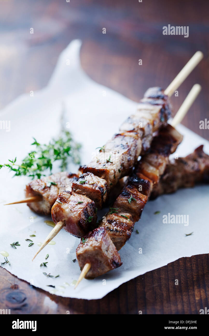 meat skewers with herbs Stock Photo