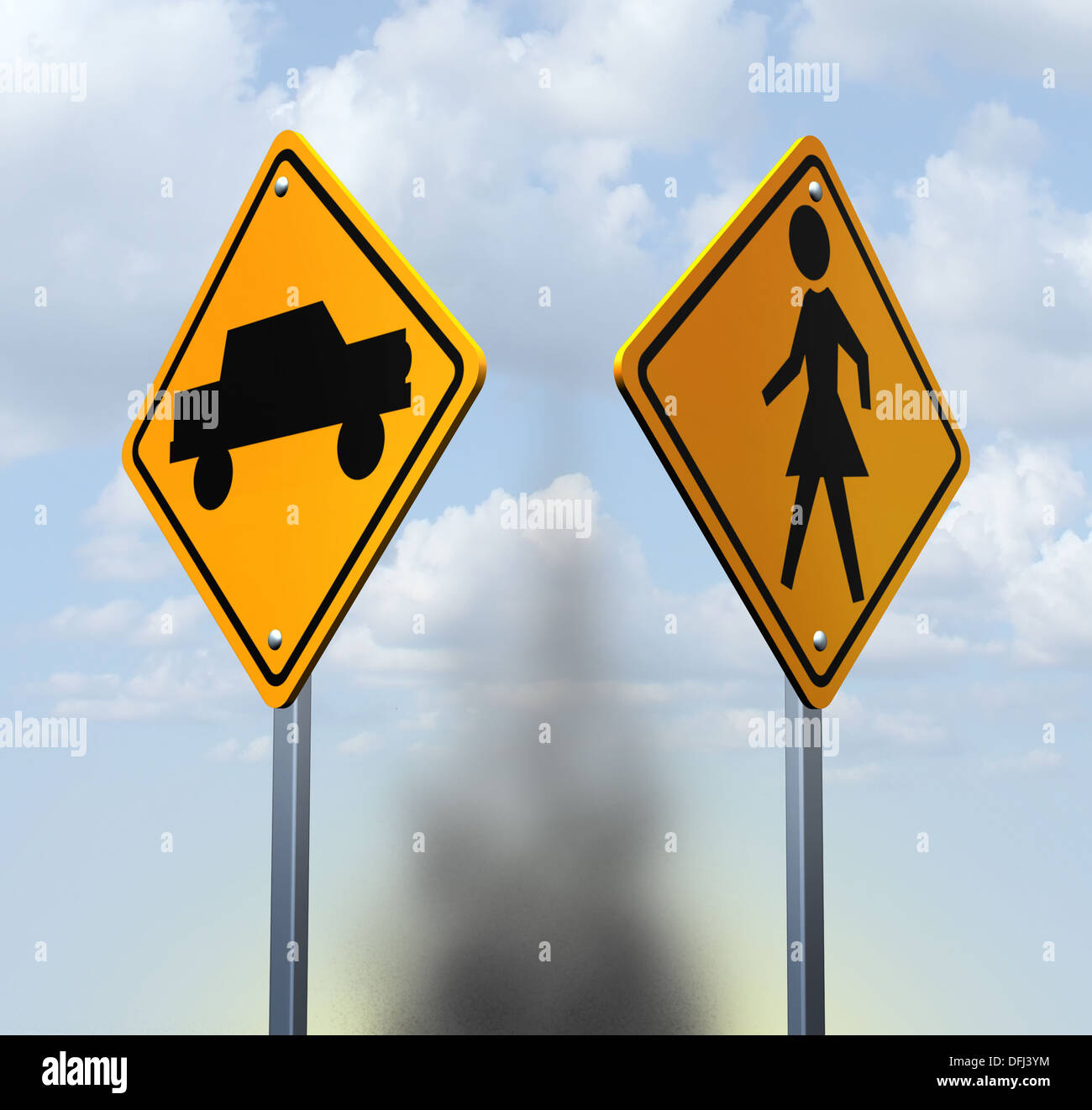 Car accident concept with two yellow warning road signs with a car and ...