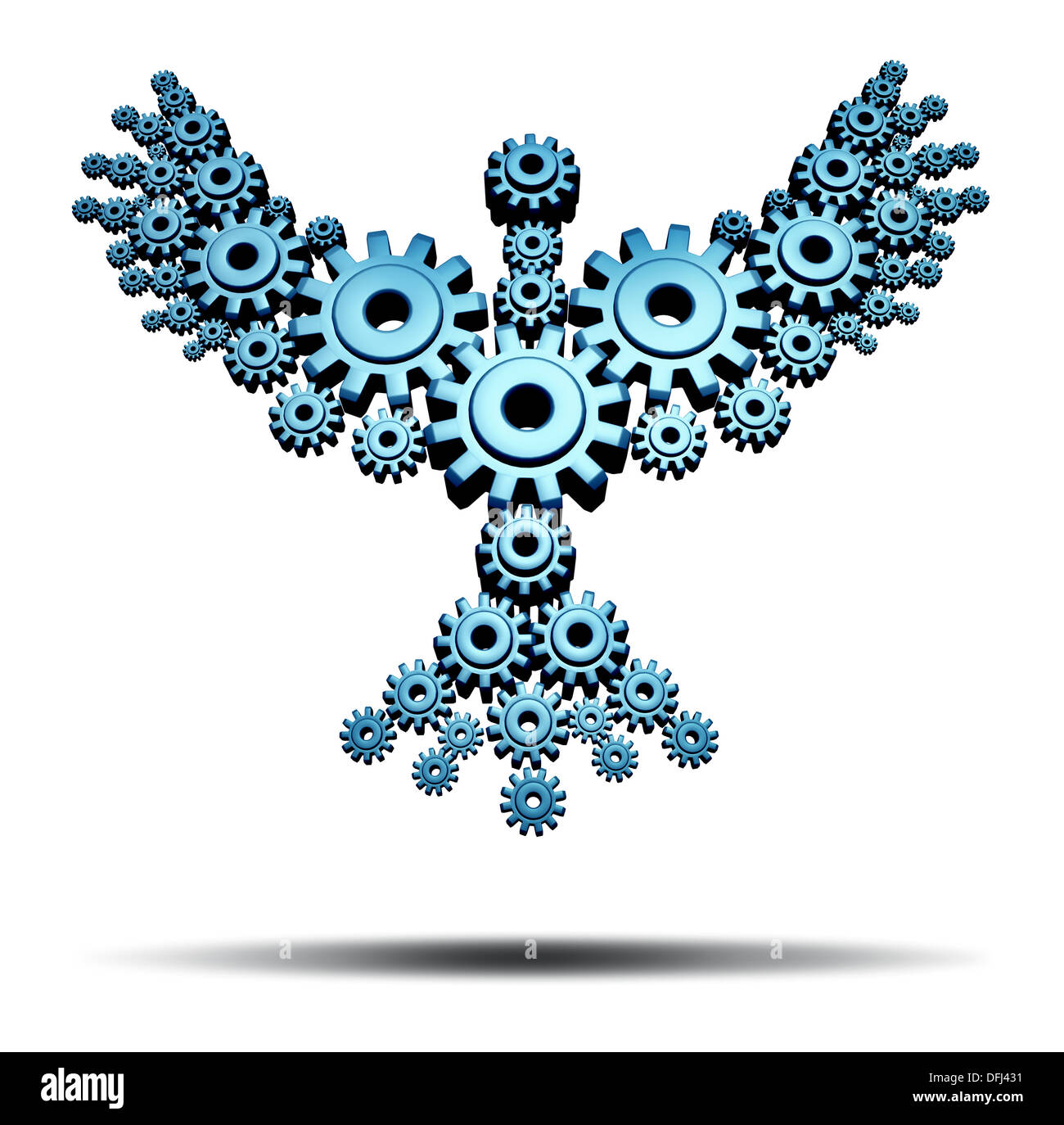 Economic freedom and business success concept with a group of connected gears and cog wheels in the shape of wings on a flying bird working together as a powerful network to achieve great heights in innovation with team strategy. Stock Photo