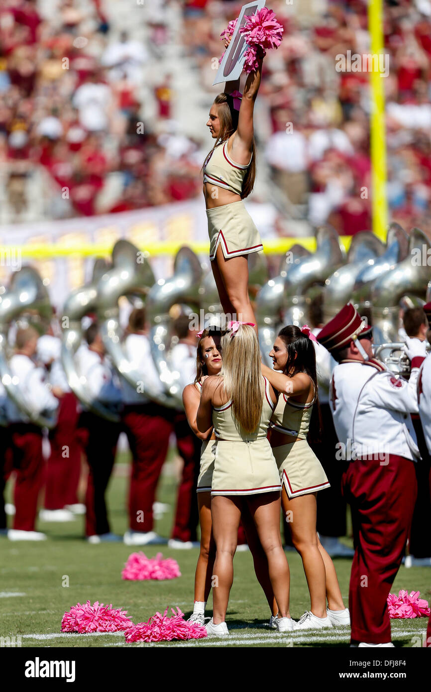 Tallahassee, FL, USA. 05th Oct, 2013. October 05, 2013: A Florida State Seminoles cheerleader leads the crowd in a cheer during the game between the Maryland Terrapins and the Florida State Seminoles at Doak S. Campbell Stadium. Credit:  Cal Sport Media/Alamy Live News Stock Photo