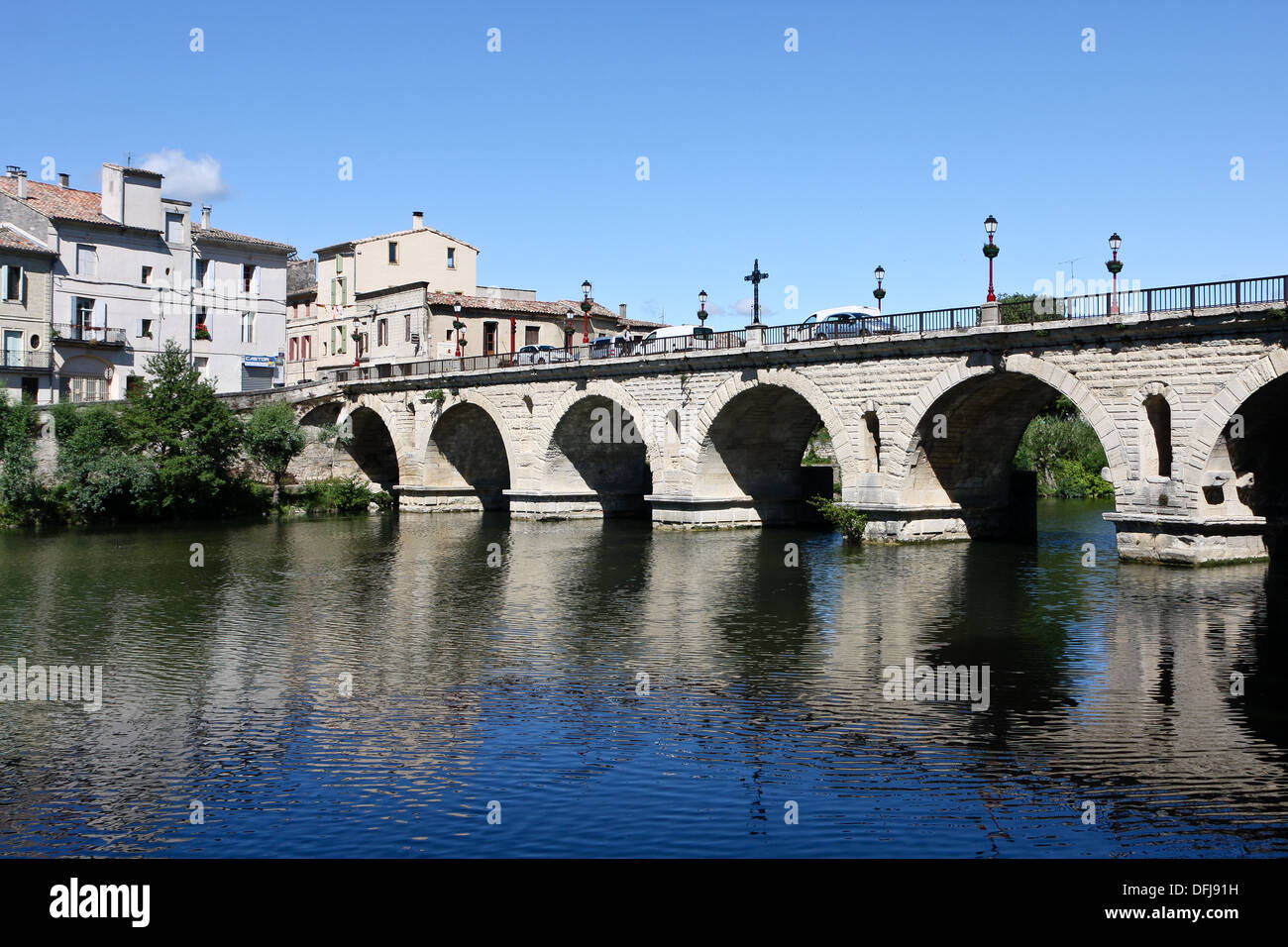 Roman bridge over the River Vidourle, Sommieres, France Stock Photo