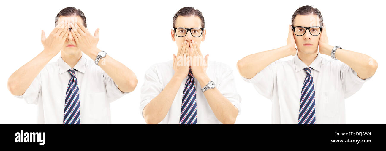 Three people gesticulation with their hands blindness, speechless and deafness Stock Photo