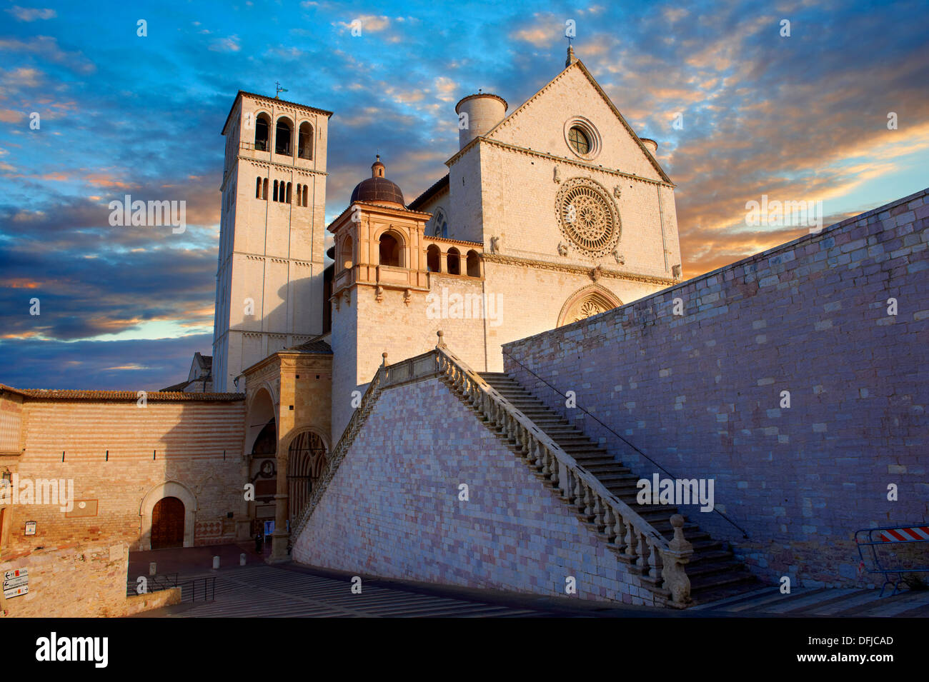 The upper facade of the Papal Basilica of St Francis of Assisi, ( Basilica Papale di San Francesco ) Assisi, Italy Stock Photo