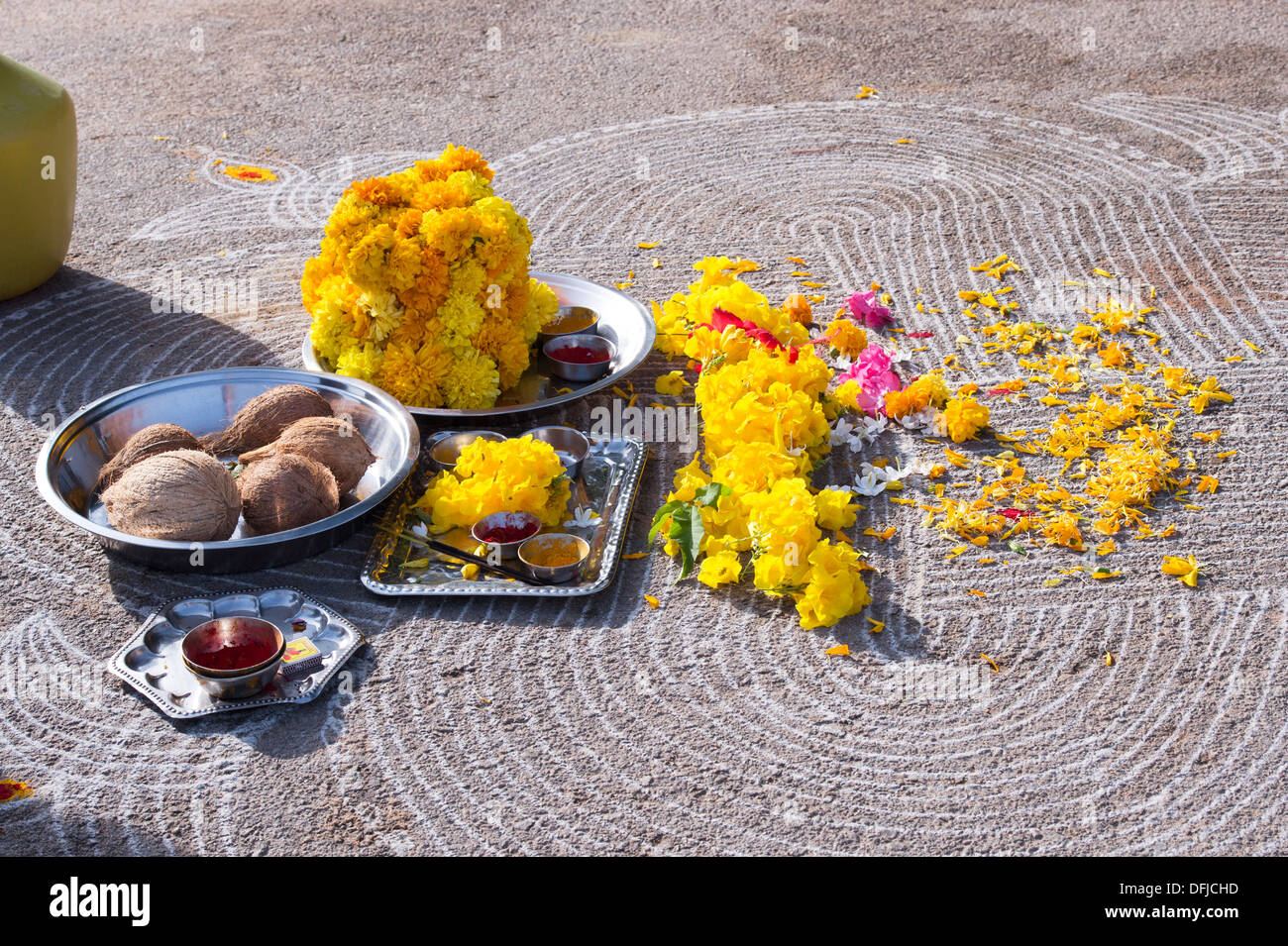 Fruits and flowers hindu puja offerings on and Indian road. Andhra