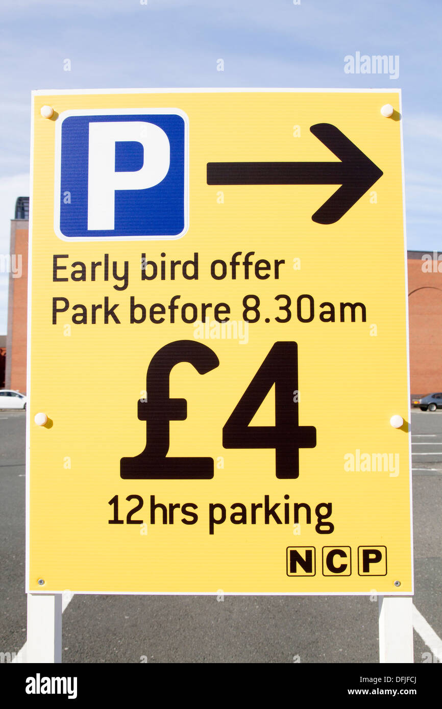 NCP car parking sign which includes the Early bird offer Stock Photo