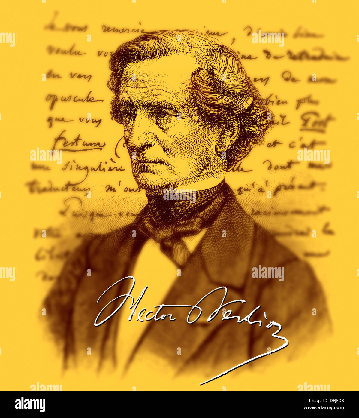 hand-written text and portrait of Louis Hector Berlioz Stock Photo