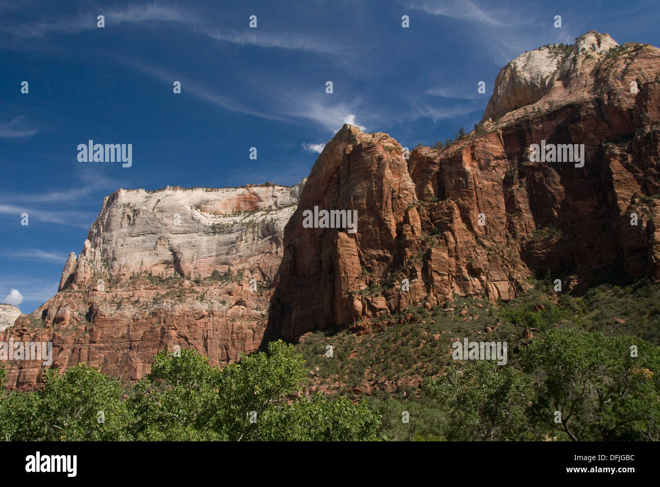 Rock tower view from Zion Lodge, the Great White Throne, 6744 feet left