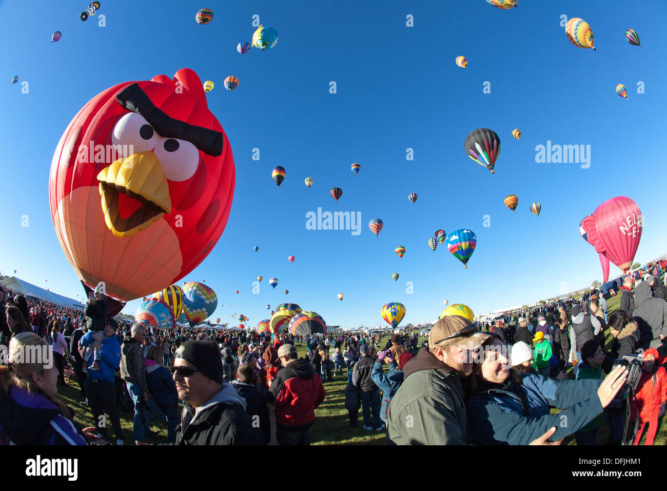 Albuquerque, NM, USA. 5th Oct, 2013. . The Angry Bird hot air balloon prepares for flight, First day of mass ascension at Albuquerque International Balloon Fiesta on Saturday October 5, 2013. Albuquerque, New Mexico, USA. Credit:  Christina Kennedy/Alamy Live News Stock Photo