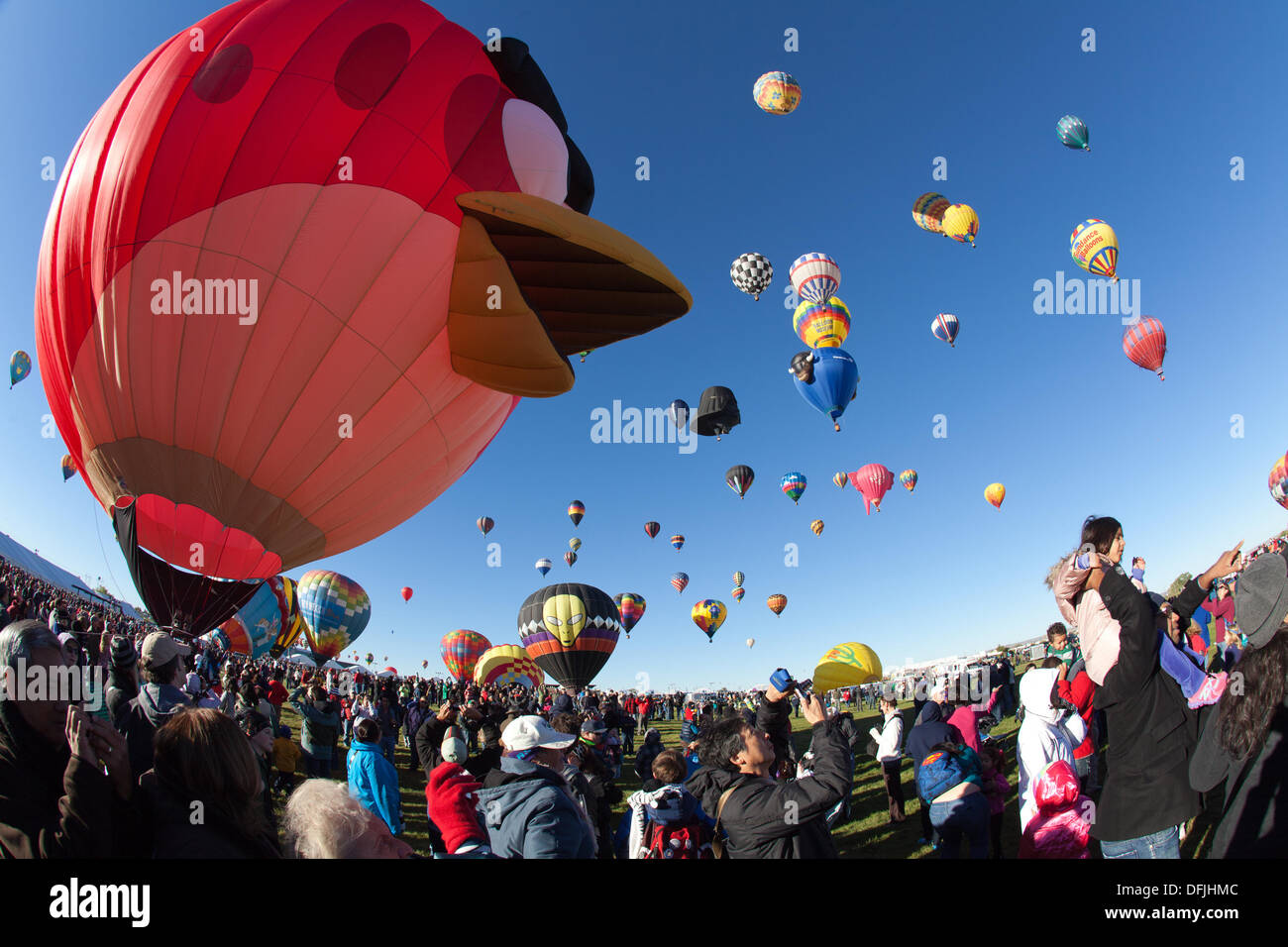 Albuquerque, NM, USA. 5th Oct, 2013. . The Angry Bird hot air balloon looks out at balloons taking off into the sky, First day of mass ascension at Albuquerque International Balloon Fiesta on Saturday October 5, 2013. Albuquerque, New Mexico, USA. Credit:  Christina Kennedy/Alamy Live News Stock Photo