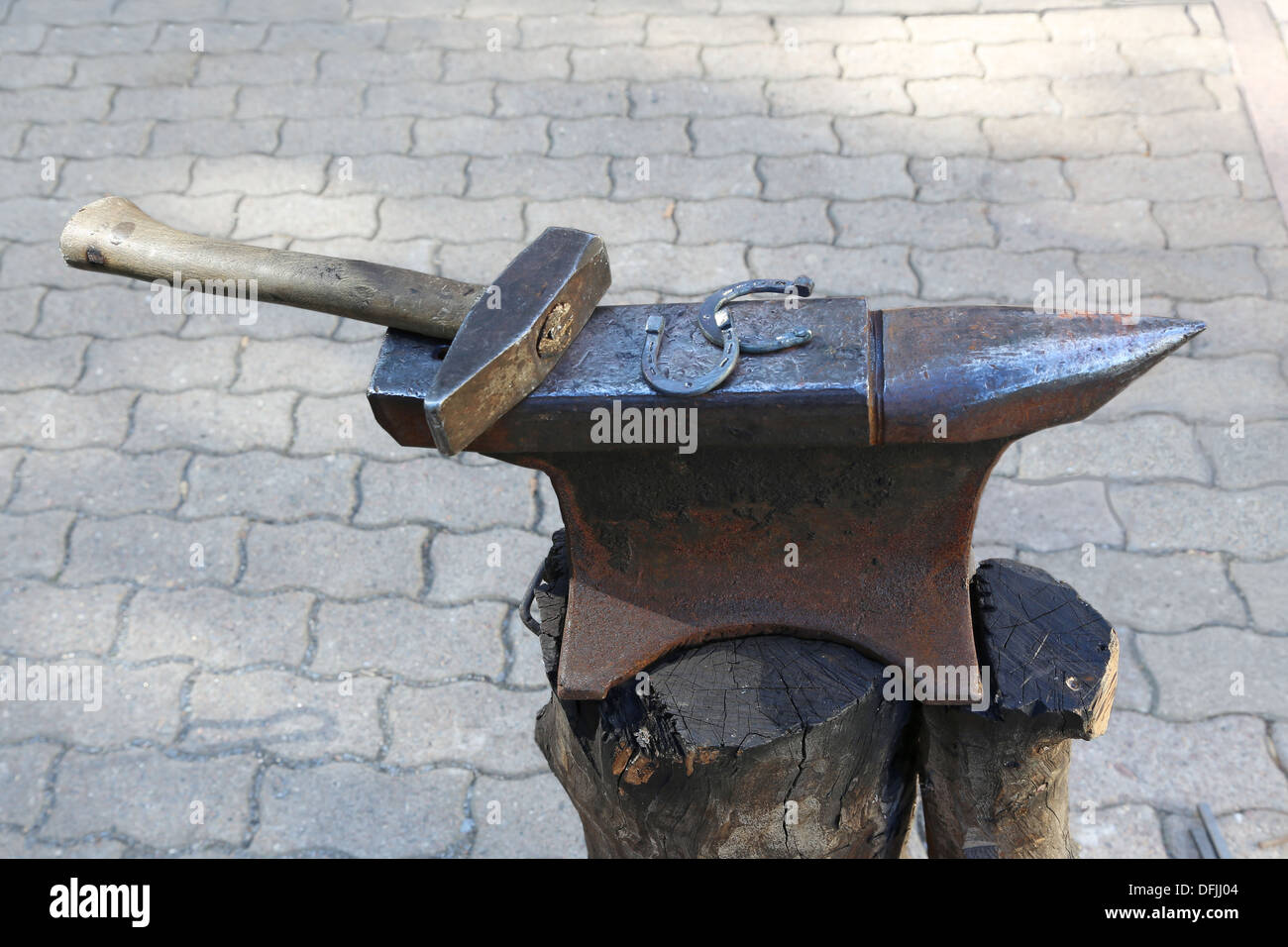 Anvil, hammer and a horseshoes Stock Photo