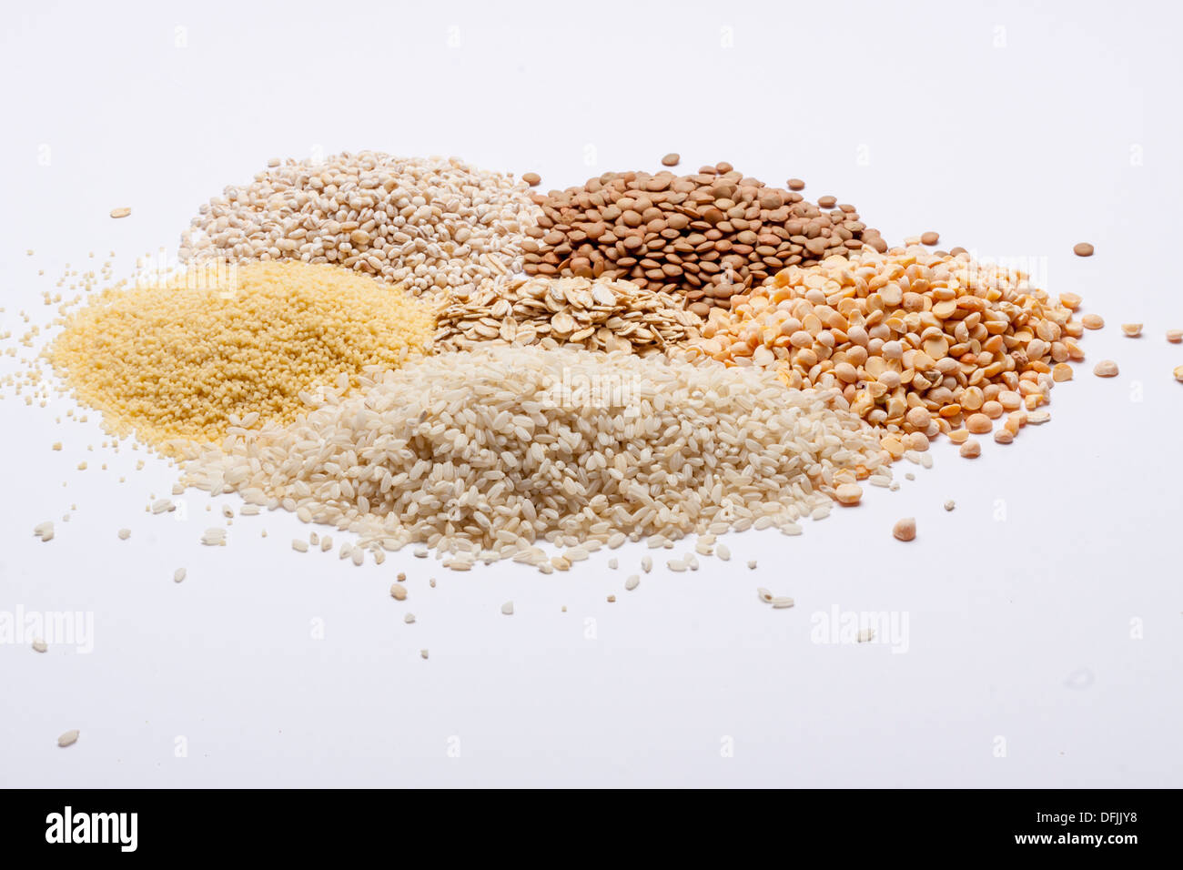 Couscous, rice, pea, grits, oatmeal, lentil - white background. Stock Photo