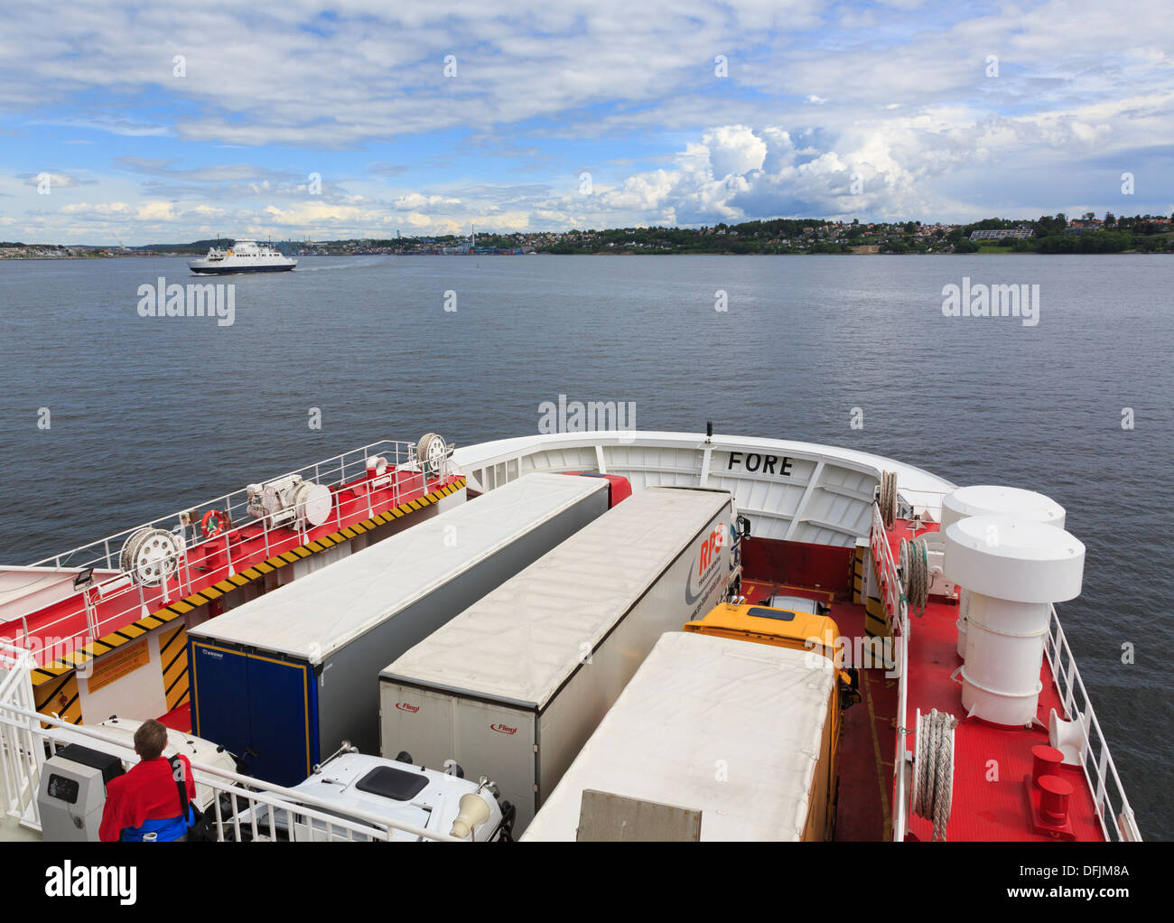 Lorries on front of freight deck of Oslofjord ferry sailing across the fjord from Horten to Moss, Norway, Scandinavia Stock Photo