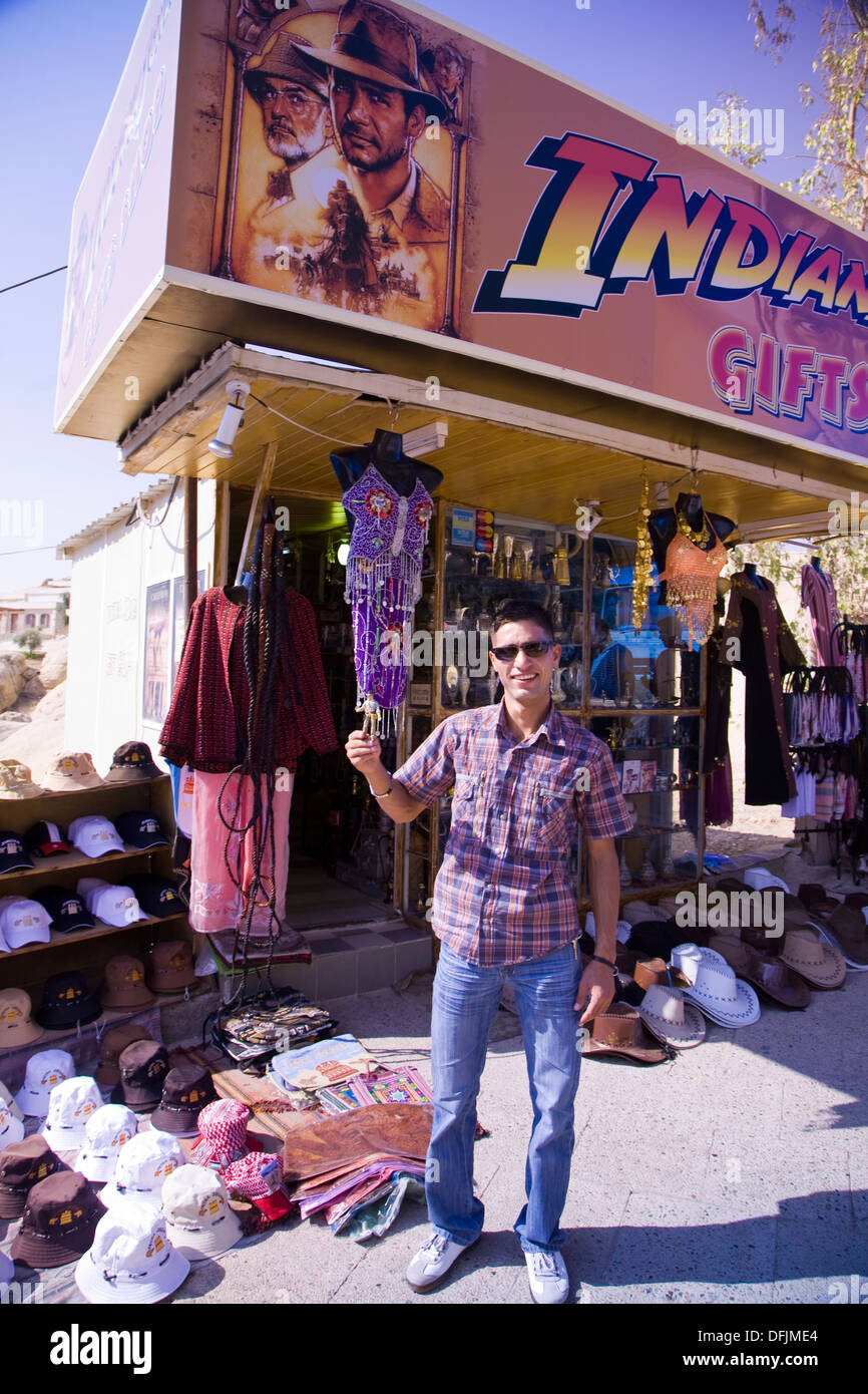 Typically gaudy tourist shops surround the entrance to Petra, Jordan. Stock Photo