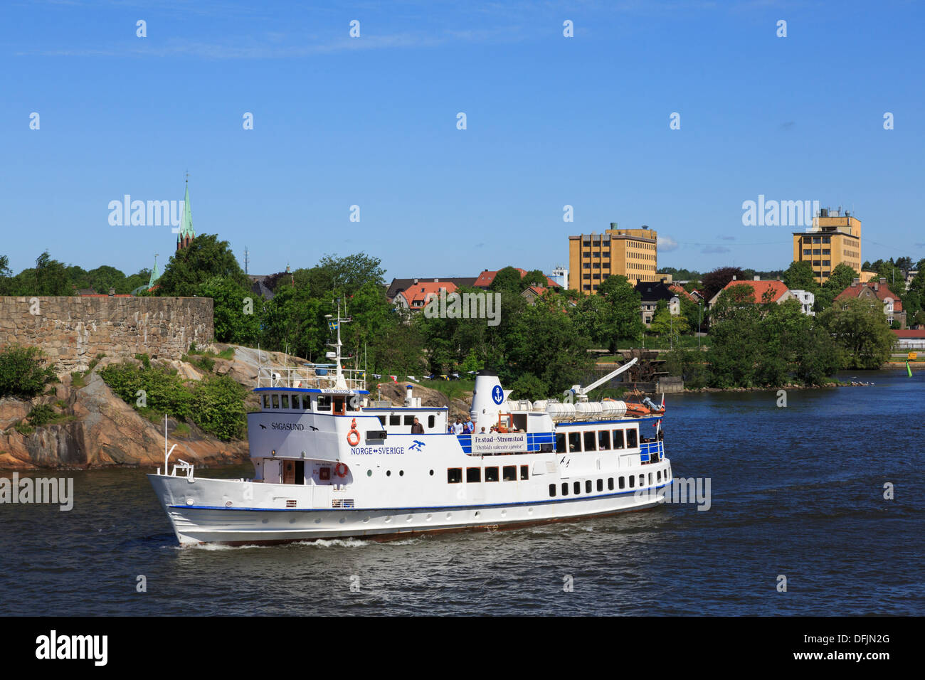 Passenger ferry sailing on River Glomma to Stromstad in Sweden from Fredrikstad, Ostfold, Norway, Scandinavia Stock Photo