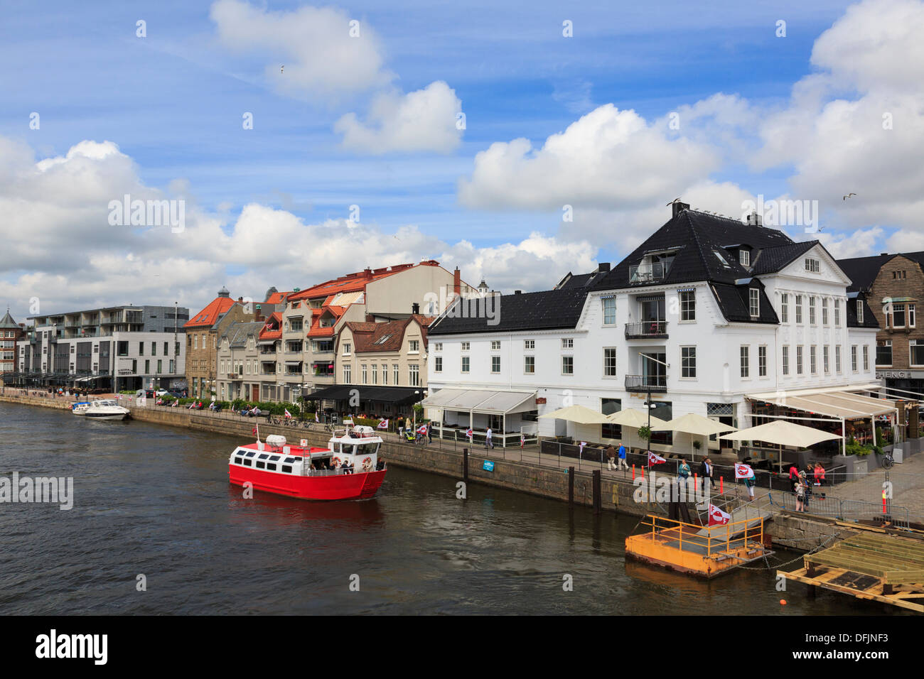 City ferry by jetty on quay on River Glomma in new town district of Fredrikstad, Ostfold, Norway, Scandinavia Stock Photo