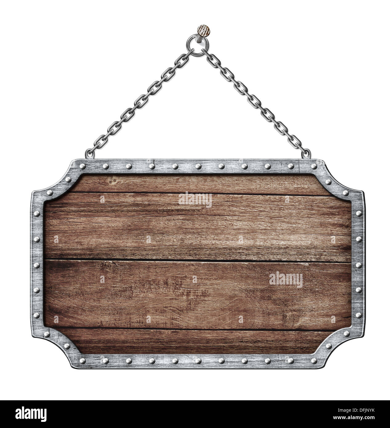 wooden shield or road sign hanging on chains isolated on white Stock