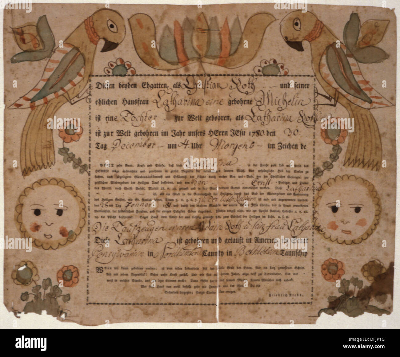 Illustrated family record (Fraktur) found in Revolutionary War Pension and Bounty-Land-Warrant Application File... 300068 Stock Photo