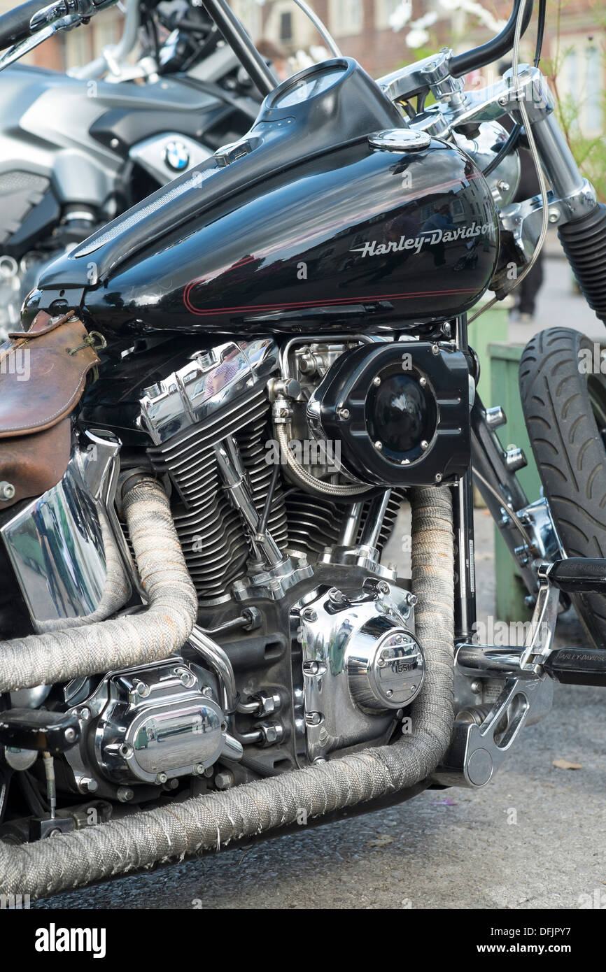 Harley Davidson V twin 1550cc motorcycle engine with air filter and lagged exhaust pipes Stock Photo