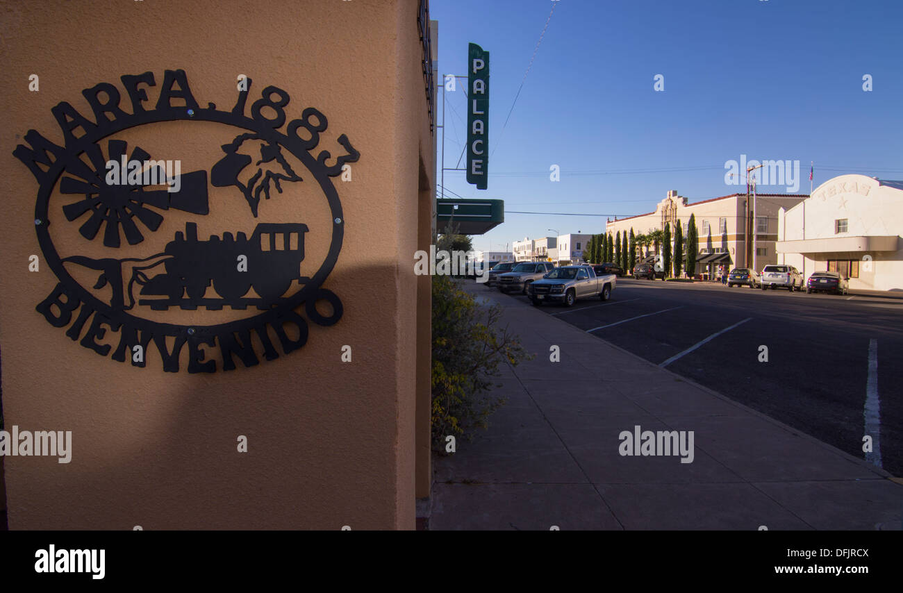 Downtown Marfa, a small town situated in West Texas, home of the Donald Judd Foundation. Stock Photo