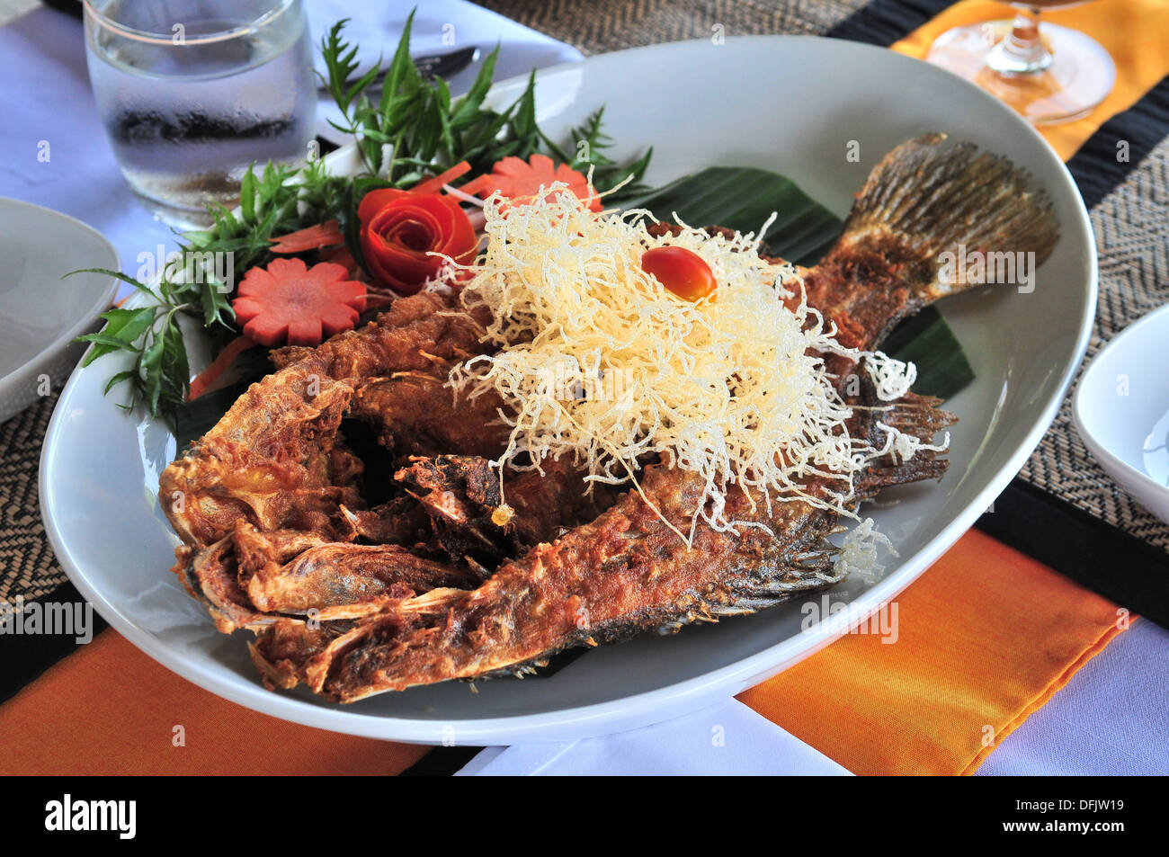 Taste of Thailand Deep fried white snapper in Thai style Stock Photo