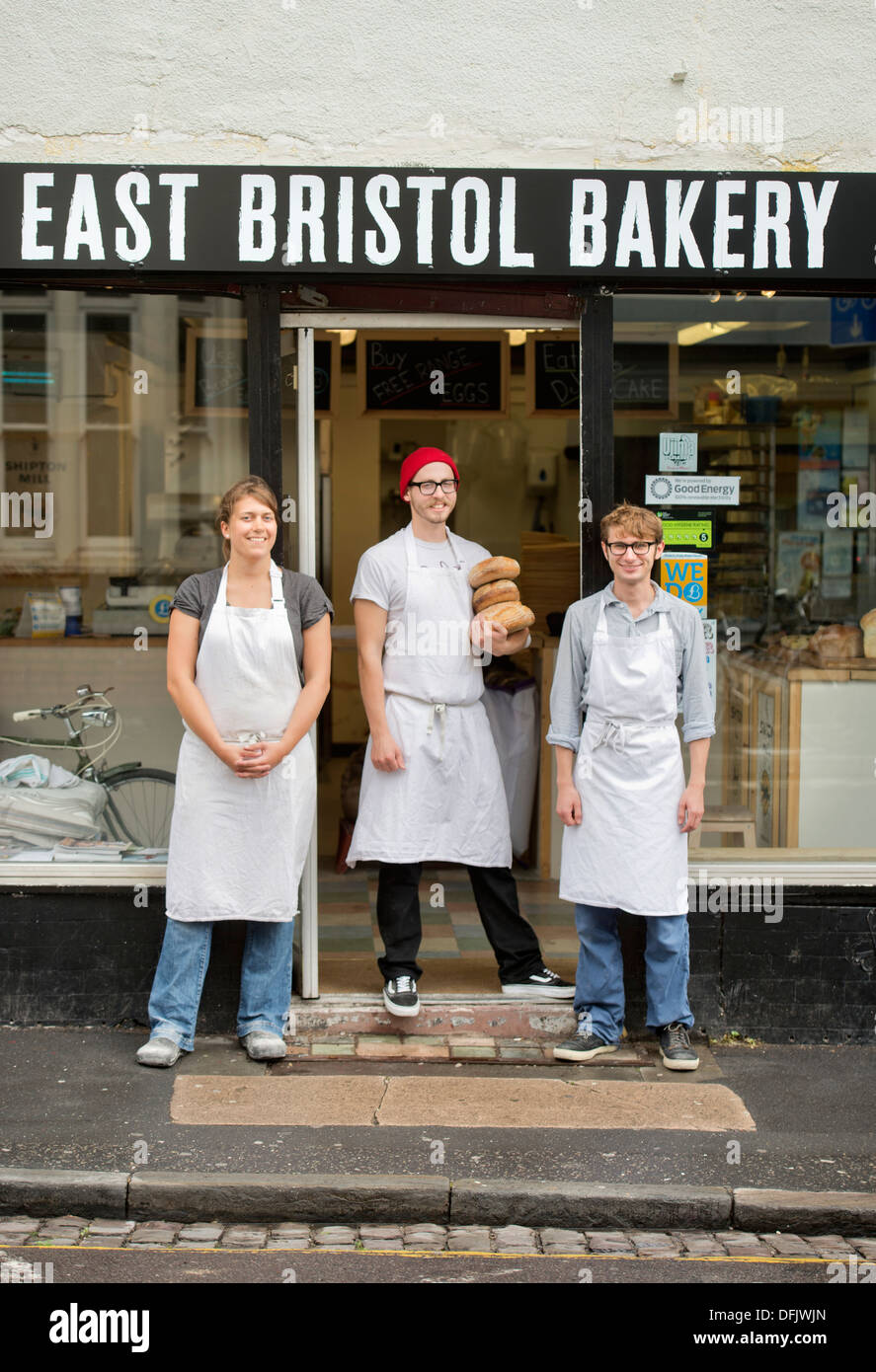 Feature on the Bristol Pound - The East Bristol Bakery, Owner and Head Baker Alex Poulter (centre) with staff Polly Frost and Wi Stock Photo