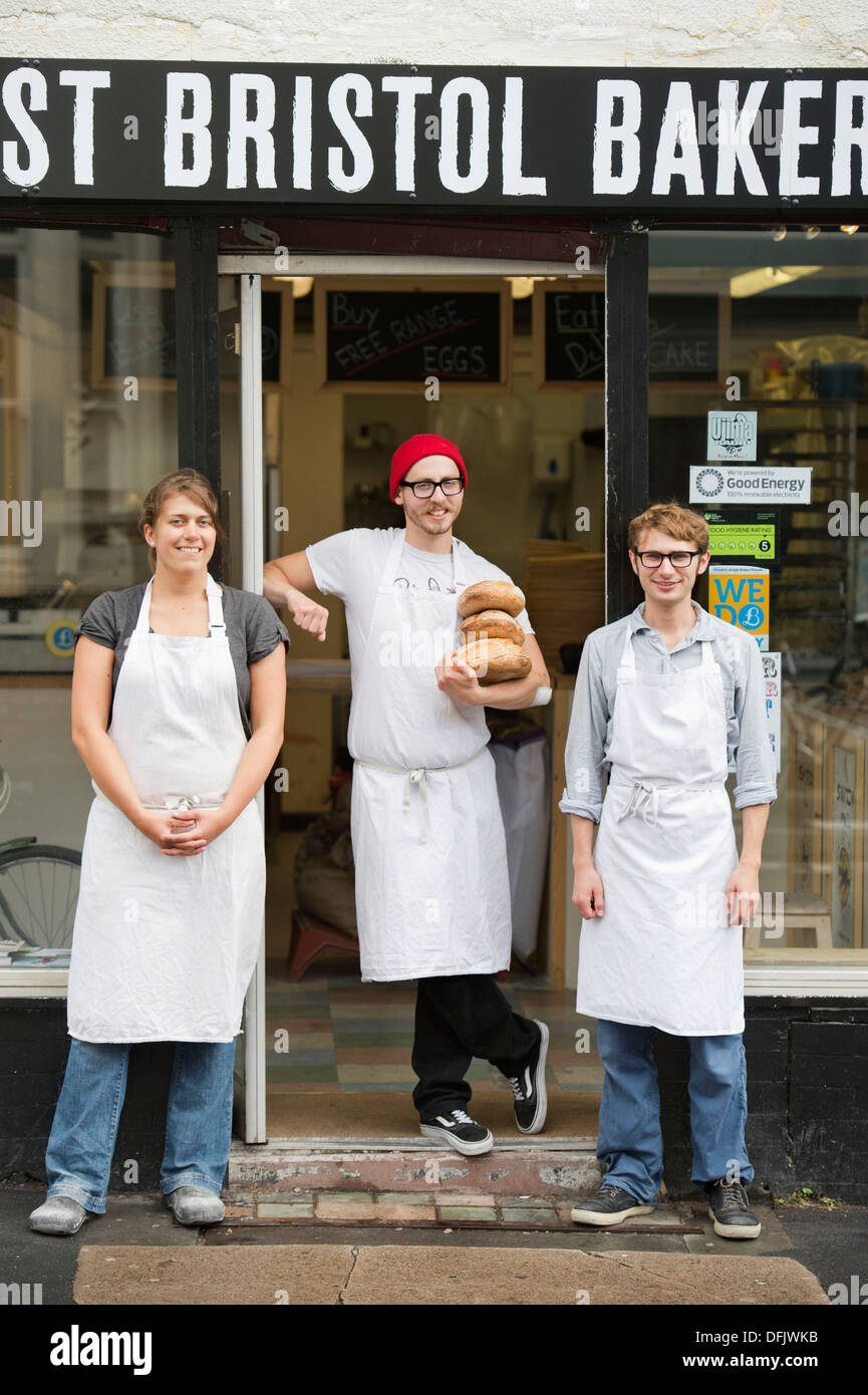 Feature on the Bristol Pound - The East Bristol Bakery, Owner and Head Baker Alex Poulter (centre) with staff Polly Frost and Wi Stock Photo