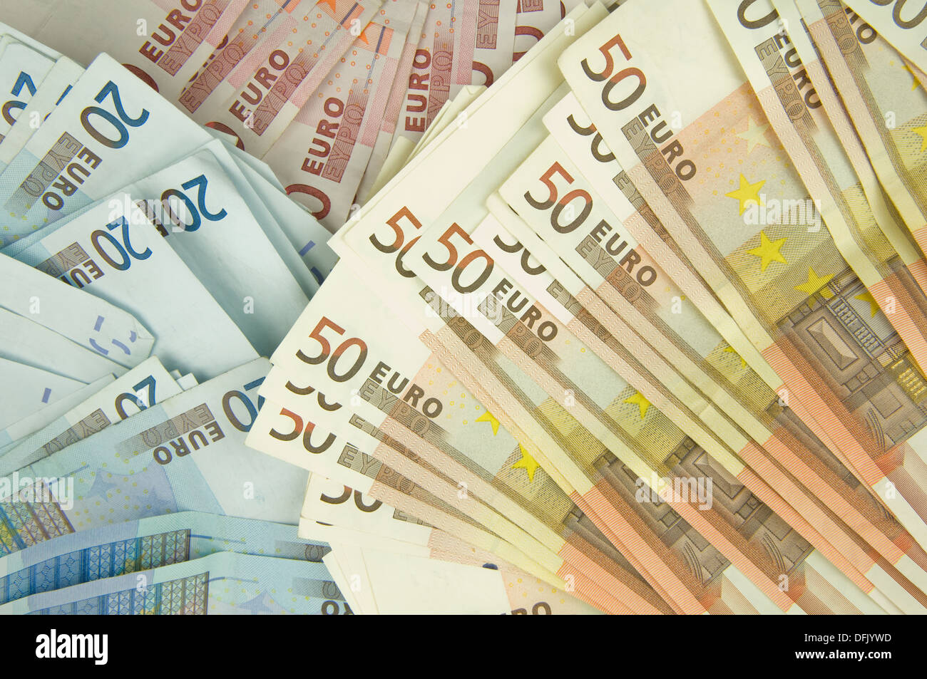ten twenty and fifty euros bills texture background Stock Photo