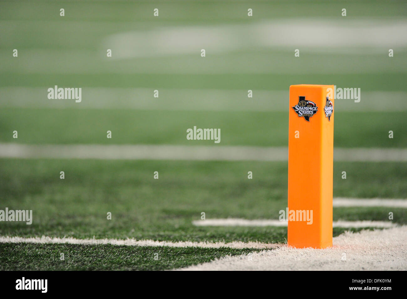 Arlington, TX, USA. 5th Oct, 2013. An end zone pylon displays the logo