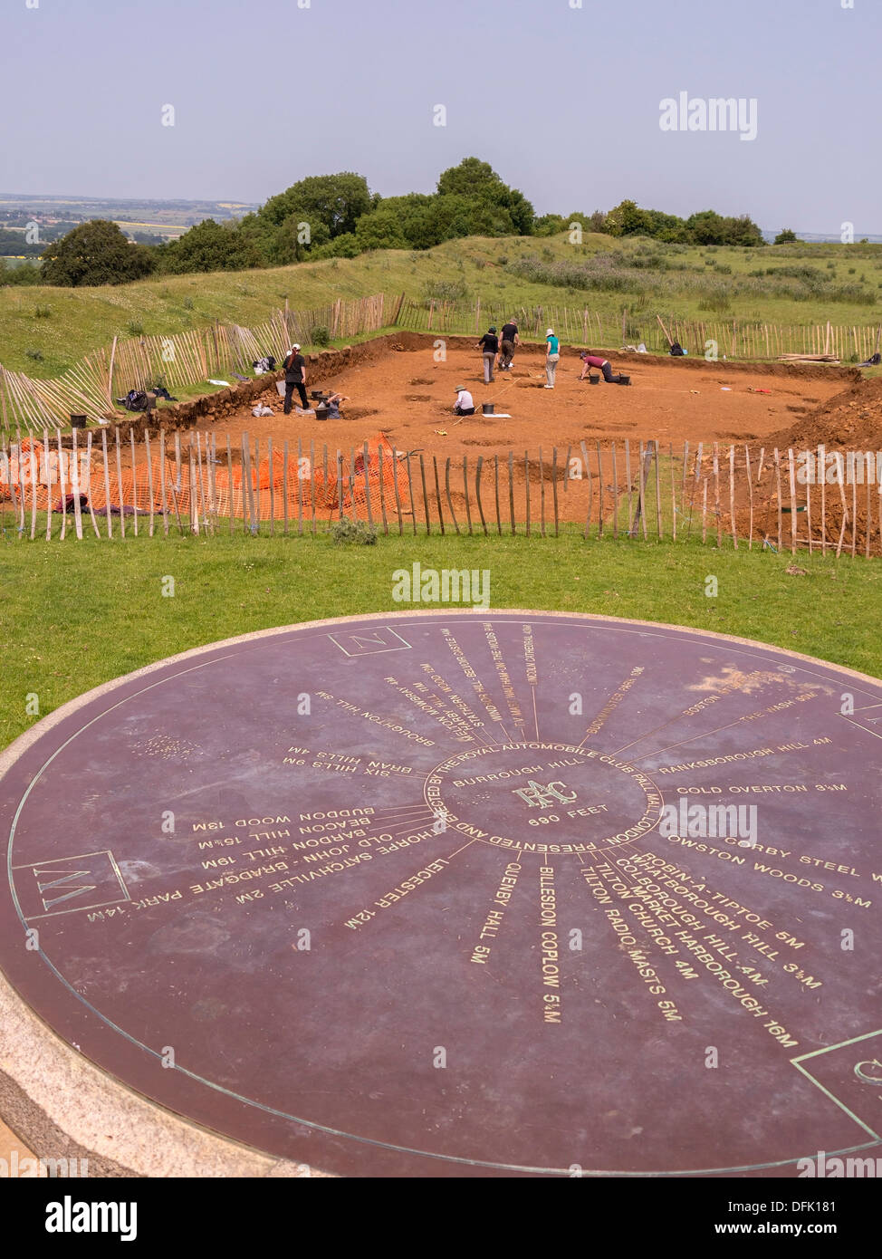 Archaeological dig at the Iron age Hill fort on Burrough Hill in 2013 with toposcope in foreground, Leicestershire, UK Stock Photo