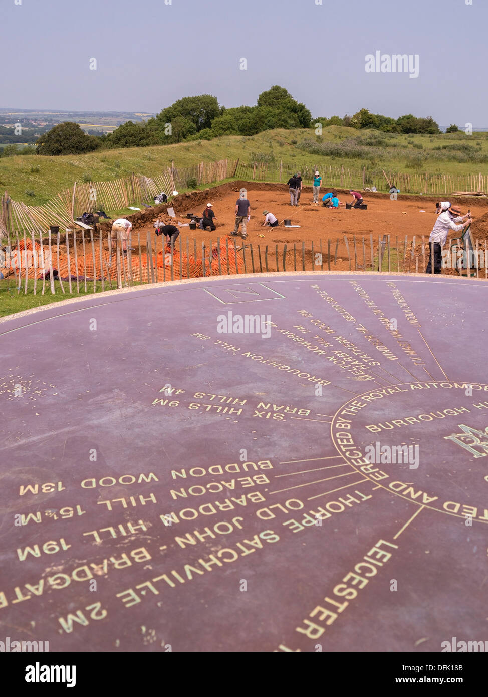 Archaeological dig at the Iron age Hill fort on Burrough Hill in 2013 with toposcope in foreground, Leicestershire, UK Stock Photo