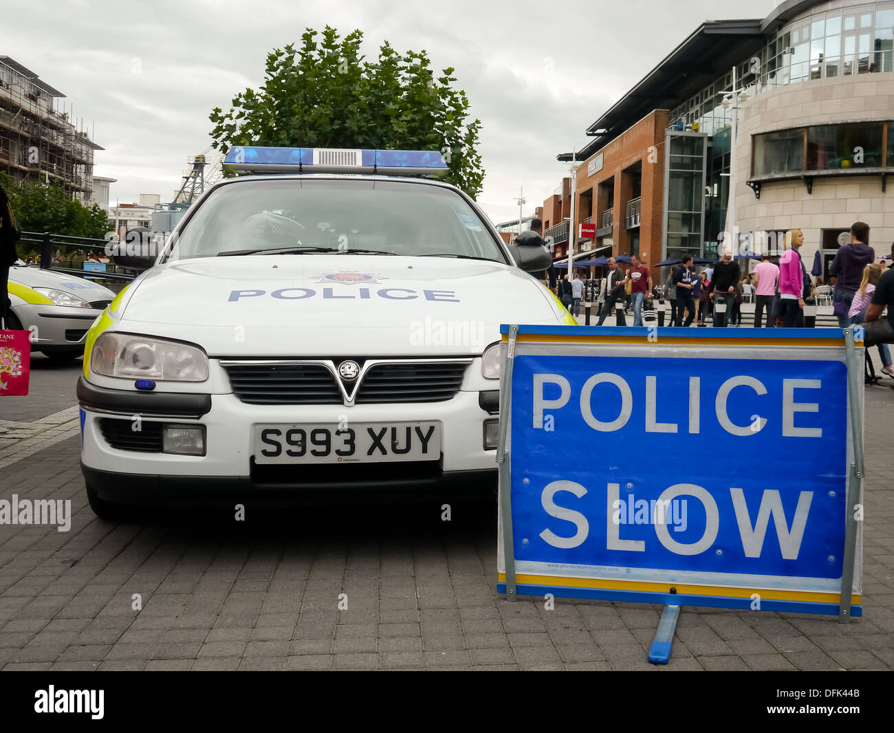 Restored  Essex Police Traffic car,  Vauxhall Omega MV6 with a police Slow sign Stock Photo