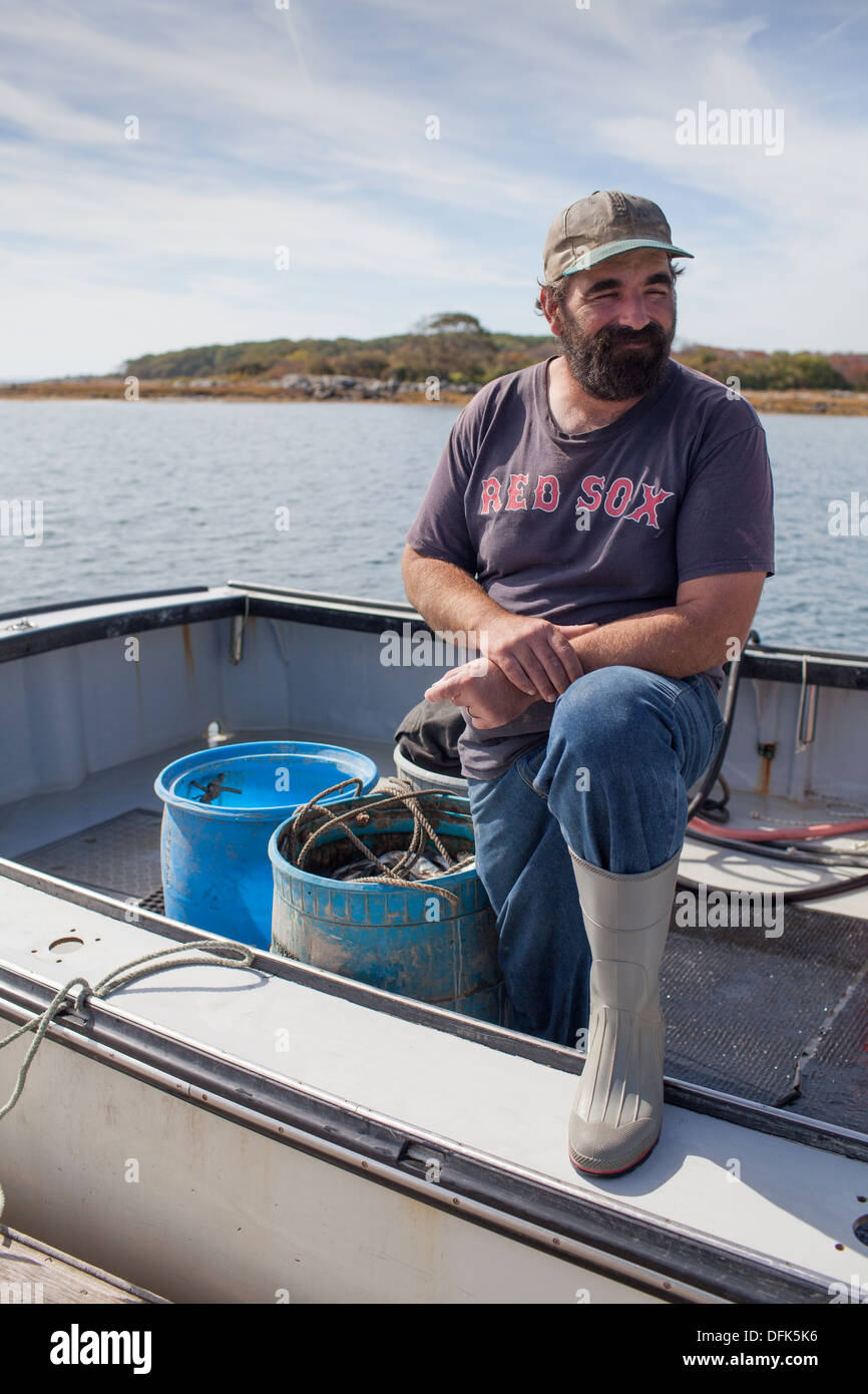 Lobsterman Eric Wildes on boat in Maine. Stock Photo