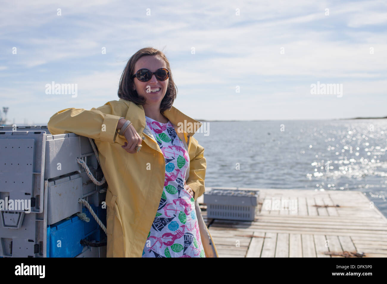 Journalist Sally Lerman on Maine lobster dock. Stock Photo