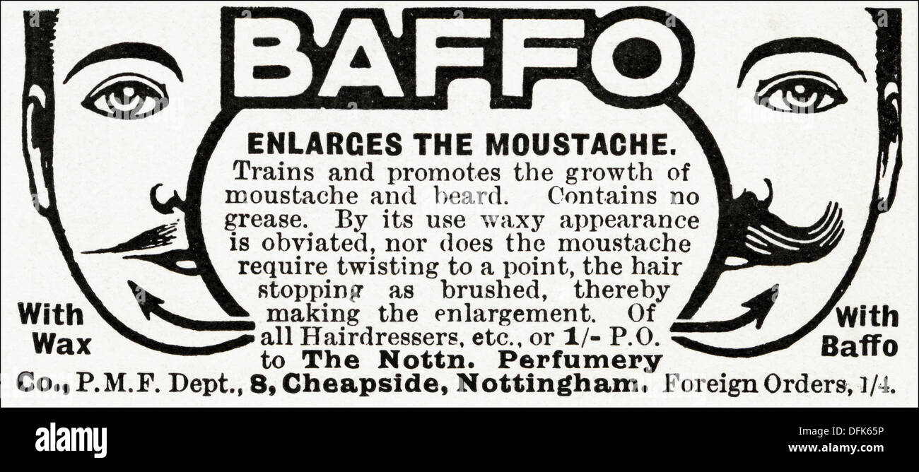 Original 1900s advertisement advertising BAFFO for enlarging the moustache. Magazine advert circa 1908 Stock Photo
