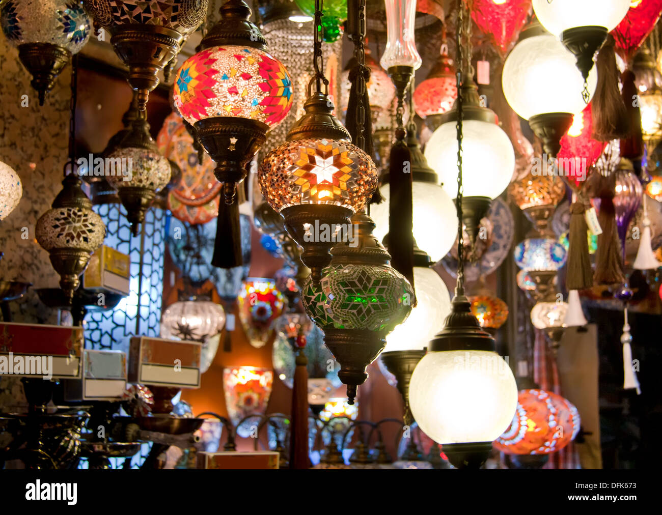 Colorful Traditional Turkish Different kinds of Turkish Lights on display Stock Photo