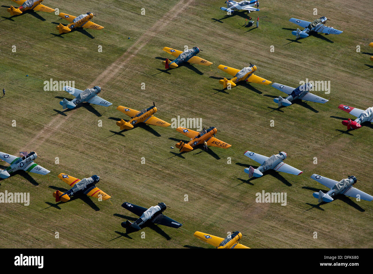 aerial photograph North American Aircraft T-6 Texans parked at AirVenture 2013, Experimental Aircraft Association, Oshkosh, Wisc Stock Photo