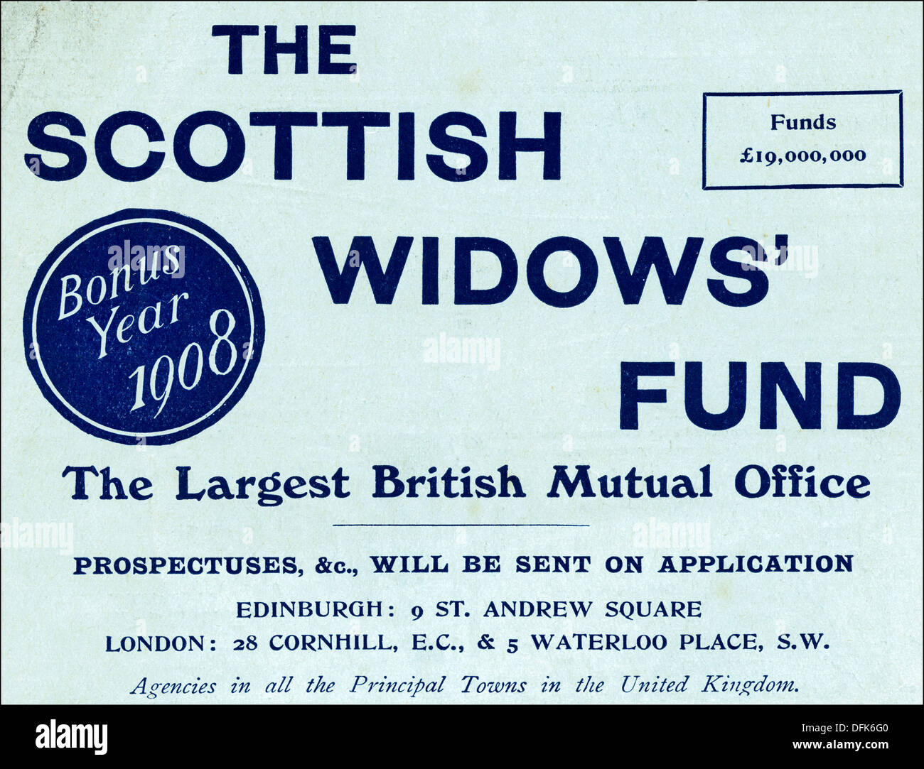 Original 1900s advertisement advertising THE SCOTTISH WIDOWS FUND. Magazine advert circa 1908 Stock Photo