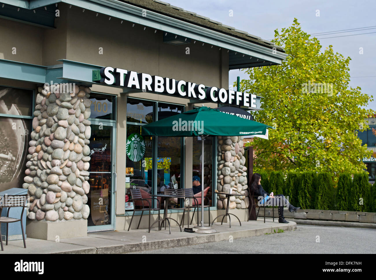 Exterior of a Starbucks coffee shop, located in Ironwood plaza  in Richmond, British Columbia, Canada. (Vancouver suburb) Stock Photo