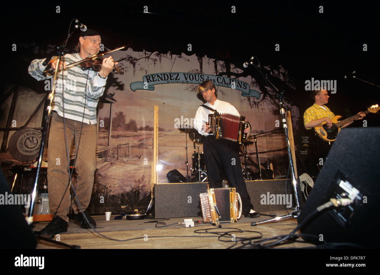 Cajun music star, Steve Riley and Mamou, Playboys, at Liberty Center, Eunice, Louisiana, USA. Stock Photo