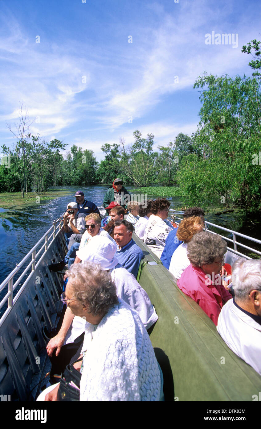 Guests cruise a Louisiana bayou with Alligator Annie Miller, near Houma, Louisiana, USA. Stock Photo