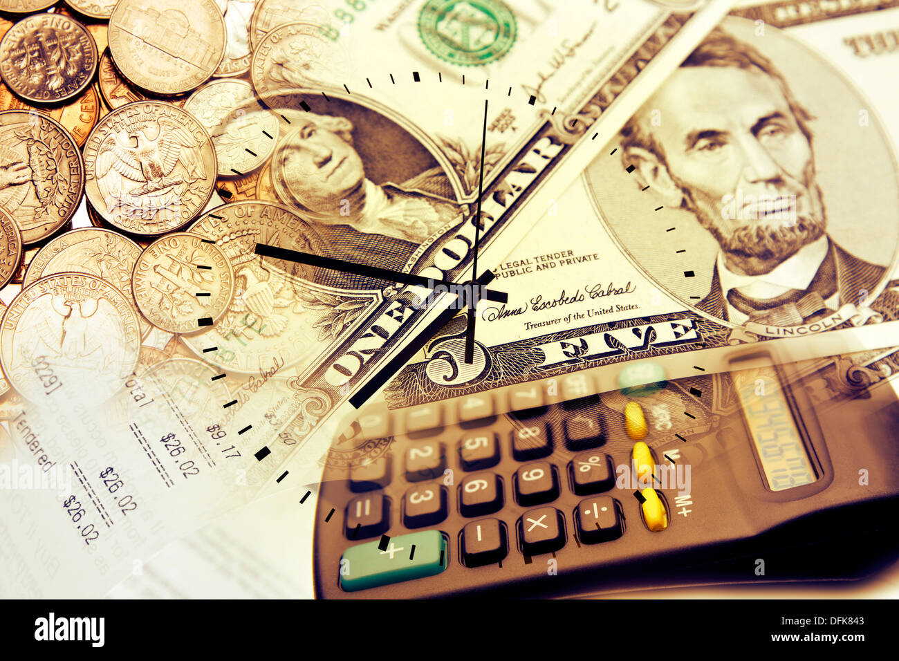 Clock face, calculator and currency. Time is money concept Stock Photo
