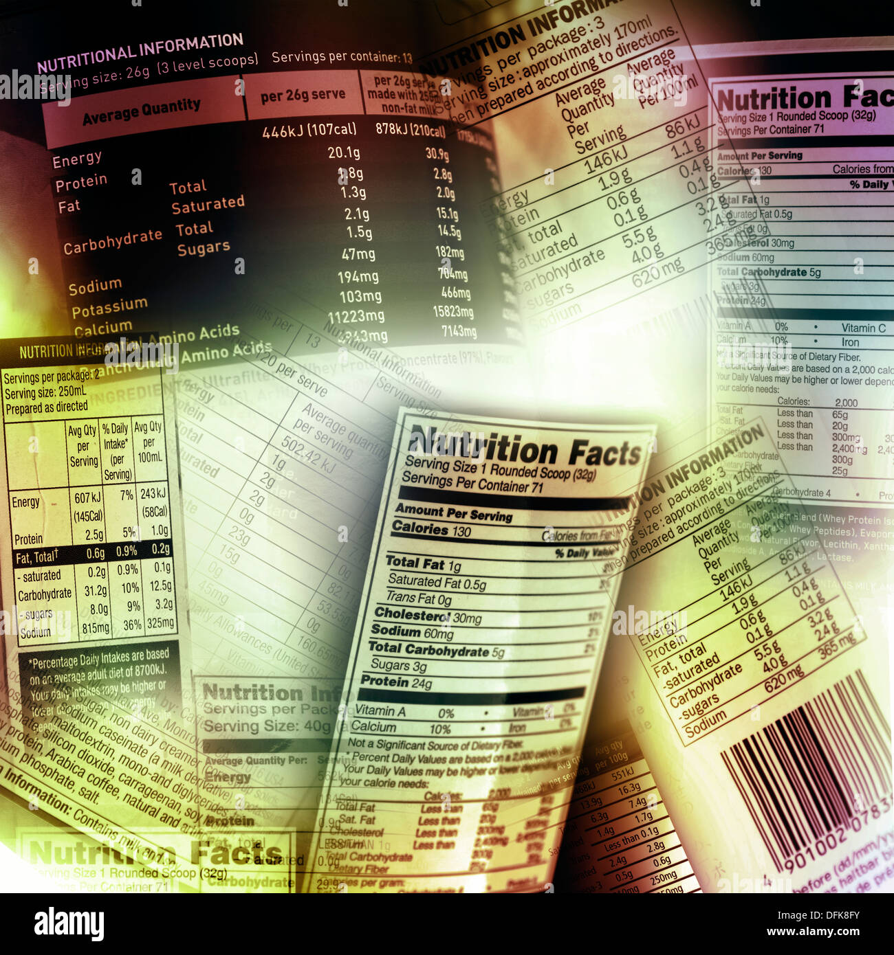 Nutrition information facts on assorted food labels Stock Photo