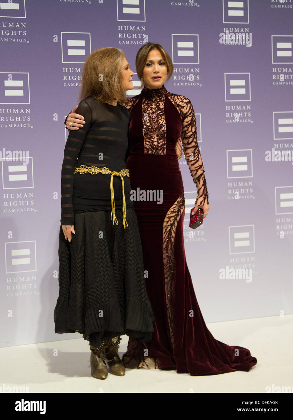 Washington DC, USA. October 5, 2013 at the Walter E. Washington Convention Center in Washington, DC. Jennifer Lopez was honored with the Ally for Equality Award. Jennifer Lopez is also the executive producer on the ABC Family Show the Fosters at The seventeenth annual Human Rights Campaign National Dinner.   Gloria Steinem is presenting along with fellow cast members of the hit show produced by Jennifer Lopez 'The Foster' on Disney's ABC Family Channel. Stock Photo