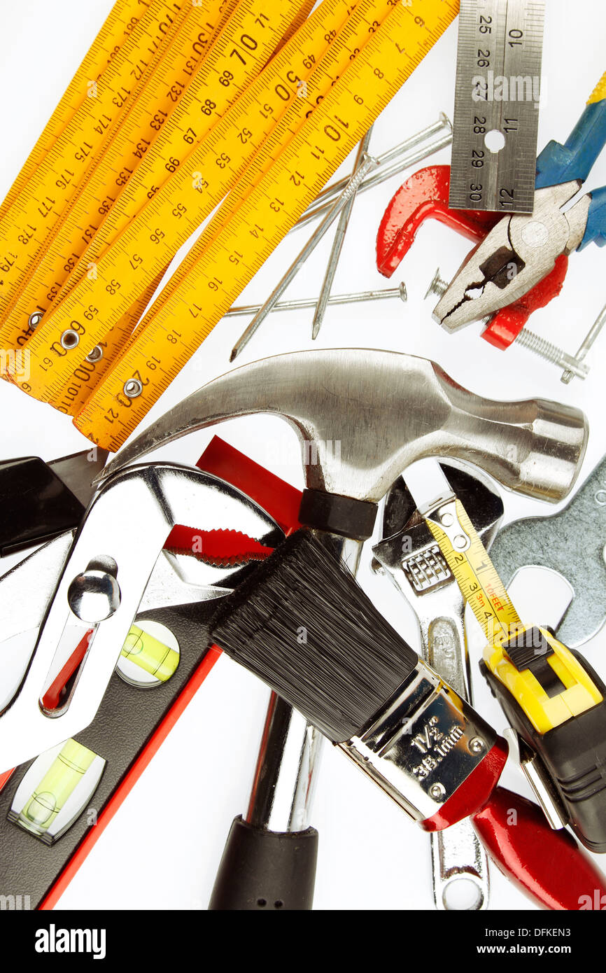 Assortment of carpentry tools closeup Stock Photo